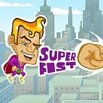En superhelt med blondt hår og lilla drakt svever ved siden av en stor, animerte knyttneve og fargerike monstre i en bybakgrunn