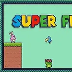 Tittel SUPER FROG i fargerike blokkbokstaver over en tegnet scene med en grønn frosk, en fugl, en kanin, og en annen figur på plattformer