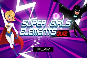 To superheltfigurer står mot en lilla stråleformet bakgrunn med teksten Super Girls Elements Quiz