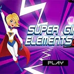 To superheltfigurer står mot en lilla stråleformet bakgrunn med teksten Super Girls Elements Quiz