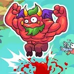 En muskuløs, tegneserieaktig demon med grønt skjegg hopper opp fra blodsprut ved siden av en flyvende, uttrykksfull fugl