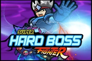Tegnet figur i rustning med krone og utstrakt hånd mot lyseffekter på lilla bakgrunn, teksten Super Hard Boss Fighter over