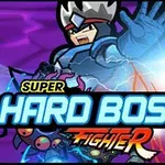 Tegnet figur i rustning med krone og utstrakt hånd mot lyseffekter på lilla bakgrunn, teksten Super Hard Boss Fighter over