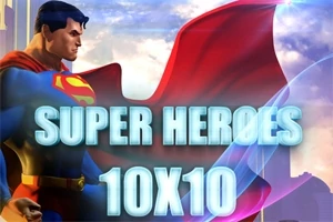 Superhelt med rød kappe og teksten SUPER HEROES 10X10 i blå skrift foran en bysilhuett