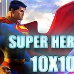 Superhelt med rød kappe og teksten SUPER HEROES 10X10 i blå skrift foran en bysilhuett