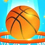 En basketball som svever over en oransje basketballkurv, omgitt av stjerner på en blå bakgrunn