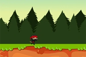 En tegnet ninja kledd i sort og rødt løper langs en sti i en skog med høye, mørkegrønne grantrær i bakgrunnen