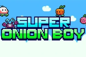 Piksellert grafikk med teksten SUPER ONION BOY omgitt av fargerike, tegneserieaktige fiender mot en blå himmel