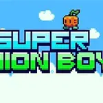 Piksellert grafikk med teksten SUPER ONION BOY omgitt av fargerike, tegneserieaktige fiender mot en blå himmel