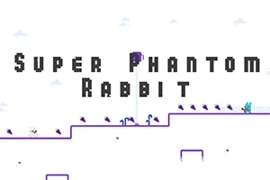 Tekst Super Phantom Rabbit i svart mot en enkel hvit bakgrunn med pikselert figur på en trappetribune