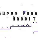 Tekst Super Phantom Rabbit i svart mot en enkel hvit bakgrunn med pikselert figur på en trappetribune