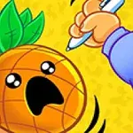 En persontegnet ananas med et ansikt som viser sjokk, holdes av en hånd mens den skal tegnes på med en penn