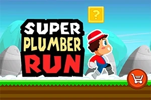 En tegneseriefigur med rød hatt løper mot en gul blokk med et spørsmålstegn på, med teksten Super Plumber Run i bakgrunnen