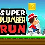 En tegneseriefigur med rød hatt løper mot en gul blokk med et spørsmålstegn på, med teksten Super Plumber Run i bakgrunnen