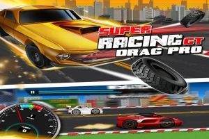 Illustrasjon av en gylden racingbil med teksten Super Racing GT Drag Pro, et racingdekk, og en speedometer ved siden av en rød sportsbil på en racerbane
