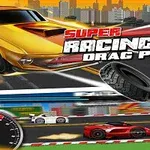 Illustrasjon av en gylden racingbil med teksten Super Racing GT Drag Pro, et racingdekk, og en speedometer ved siden av en rød sportsbil på en racerbane