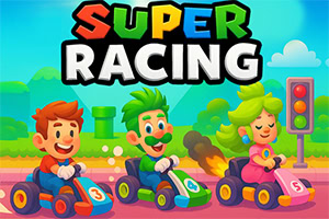 Tegnet scene av tre smilende karakterer som kjører gokarter i sterke farger, med stor tittel SUPER RACING øverst