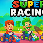 Tegnet scene av tre smilende karakterer som kjører gokarter i sterke farger, med stor tittel SUPER RACING øverst