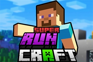 Tegnet figur med brun t-skjorte og blå bukser i en blokkete stil, med teksten SUPER RUN CRAFT i forgrunnen