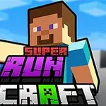 Tegnet figur med brun t-skjorte og blå bukser i en blokkete stil, med teksten SUPER RUN CRAFT i forgrunnen