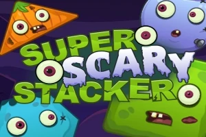 Fargerike, monsterlignende former med store øyne og teksten Super Scary Stacker i midten