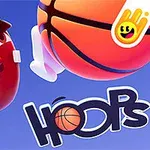 Tegneserieliknende figur med basketball og teksten Hoops på blå bakgrunn