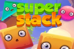 Fargerike figurer med ansikter omgitt av teksten super stack på en blå bakgrunn