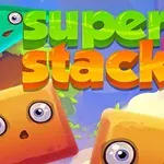 Fargerike figurer med ansikter omgitt av teksten super stack på en blå bakgrunn