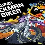 En tegneserieaktig figur på en motorsykkel med fargerik hjelm og drakt som utfører et triks på veien, med en bakgrunn av røde steinformasjoner