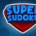 Blå teksten SUPER SUDOKU på et rød skjoldformet emblemmot blå bakgrunn