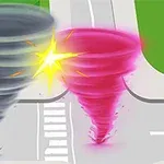 To tornadoer, en grå og en rosa, kolliderer på en vei med gangfelt, omgitt av grønt gress