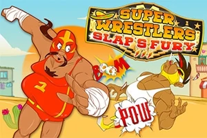 To wrestlere i fargerike kostymer slår hverandre, med tegneserieeffekter som BOM og POW vises bak dem