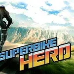 En motorsykkel i fart på en vei mot fjellandskap med teksten Superbike Hero