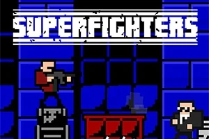 Pikselkunstgrafikk med to figurer som holder våpen, en blå bakgrunn og teksten SUPERFIGHTERS øverst