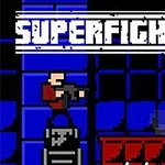 Pikselkunstgrafikk med to figurer som holder våpen, en blå bakgrunn og teksten SUPERFIGHTERS øverst