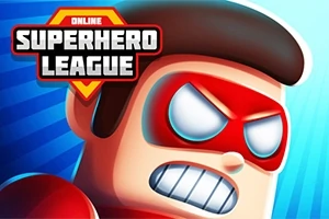 Illustrasjon av en animert superhelt med rødt maske og sint uttrykk mot en blå bakgrunn, med ordene Online Superhero League skrevet til venstre