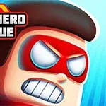 Illustrasjon av en animert superhelt med rødt maske og sint uttrykk mot en blå bakgrunn, med ordene Online Superhero League skrevet til venstre