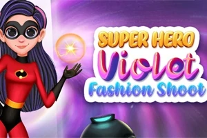 En superheltinne med langt, mørkt hår, bruker en rød drakt og holder en lysende kule i hånden, ved siden av teksten Super Hero Violet Fashion Shoot