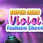 En superheltinne med langt, mørkt hår, bruker en rød drakt og holder en lysende kule i hånden, ved siden av teksten Super Hero Violet Fashion Shoot