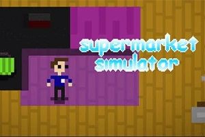Pixelgrafikk av en person i et fargerikt rom med teksten supermarket simulator