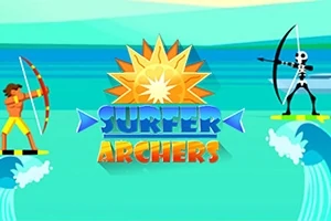 To bueskytere på surfebrett på havet med en sol og teksten Surfer Archers i midten