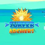 To bueskytere på surfebrett på havet med en sol og teksten Surfer Archers i midten