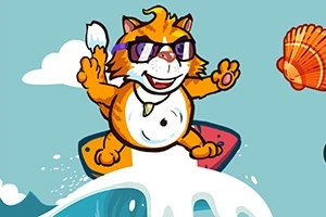 En tegneserieaktig katt med solbriller surfer på en bølge på et fargerikt surfebrett, med en oransje skjell i bakgrunnen