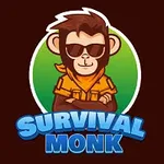 Tegnet ape med solbriller og oransje skjerf, armene i kors, med teksten Survival Monk under
