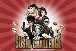 Fire figurer holder spisepinner med sushi foran en bakgrunn med strålemønster og teksten Sushi Challenge nederst