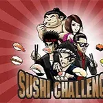 Fire figurer holder spisepinner med sushi foran en bakgrunn med strålemønster og teksten Sushi Challenge nederst