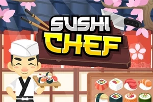 En smilende sushikokk står foran et bord med ulike sushi-retter og japanske dekorasjoner i bakgrunnen