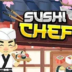 En smilende sushikokk står foran et bord med ulike sushi-retter og japanske dekorasjoner i bakgrunnen