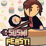 En tegnet figur med mørkt hår forbereder sushi på en rund bordplate, med teksten Sushi Feast i forgrunnen og en bakgrunn dekorert med sushimotiver