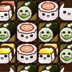 Søte tegneseriefigurer formet som sushi og risboller med ulike ansiktsuttrykk